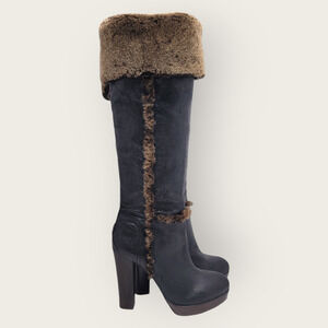 Tory Burch Sebastian Leather Shearling Fur Knee High Platform Heel Boots Sz 8.5M